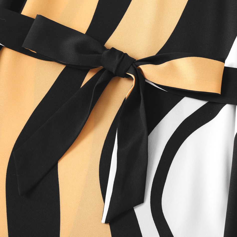 Family Matching Striped V Neck Short-sleeve Belted Dresses and Raglan-sleeve T-shirts Sets Black/White big image 5