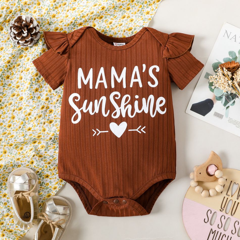 Baby Girl Letter Print Ribbed Ruffle Short-sleeve Romper Brown