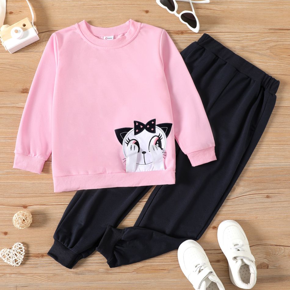 2-piece Kid Girl Cat Embroidered Pink Sweatshirt and Black Pants Set Pink