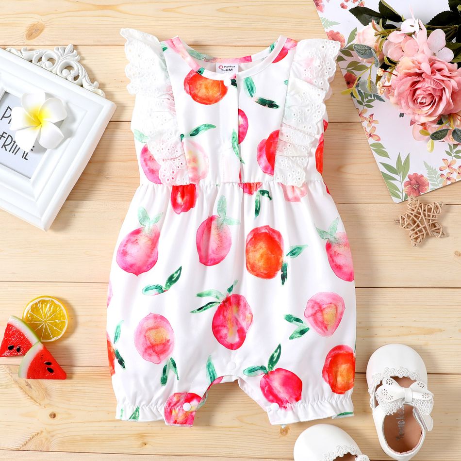 Baby Girl All Over Peach Print Sleeveless Ruffle Snap Romper Color block