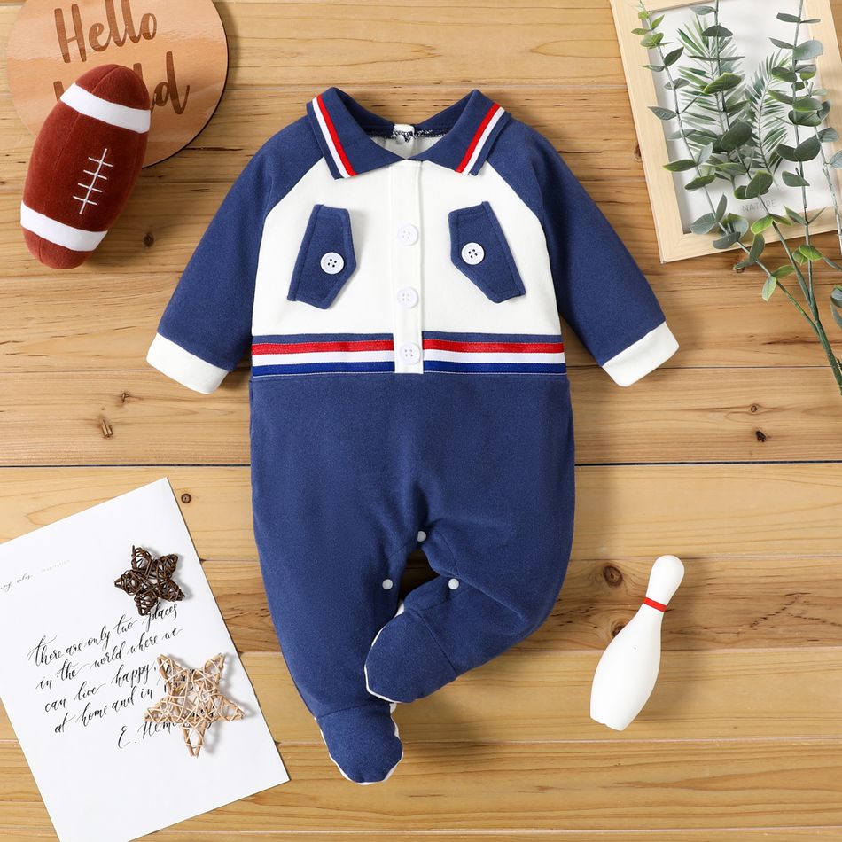 Baby Boy Colorblock Striped Lapel Long-Sleeve Footed Flannel Jumpsuit Royal Blue