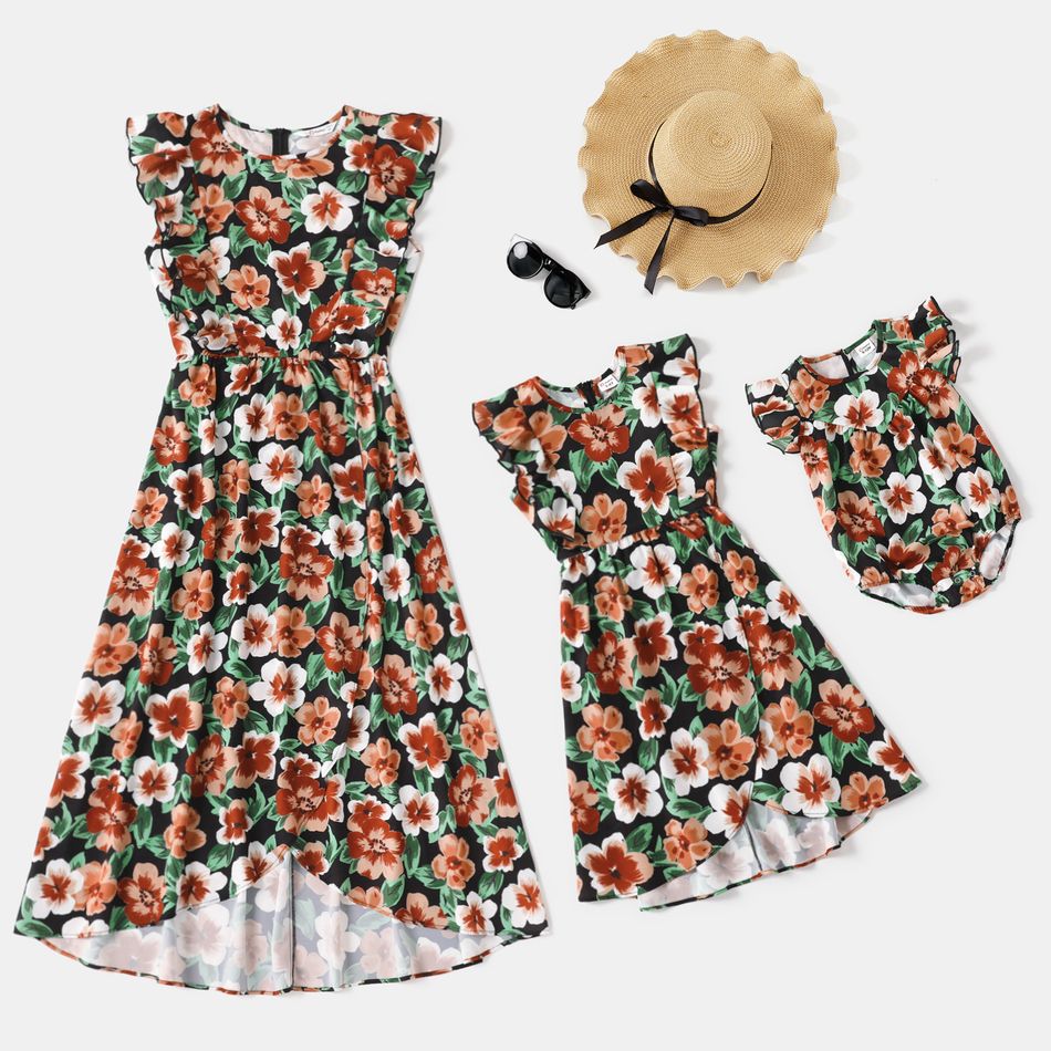 All Over Floral Print Ruffle Sleeveless Tulip Hem Dress for Mom and Me Black