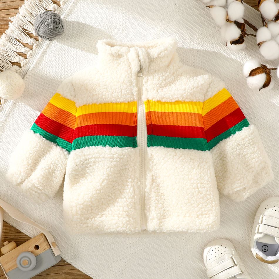 Baby Boy/Girl Rainbow Striped Thickened Fuzzy Fleece Long-sleeve Zip Jacket Beige