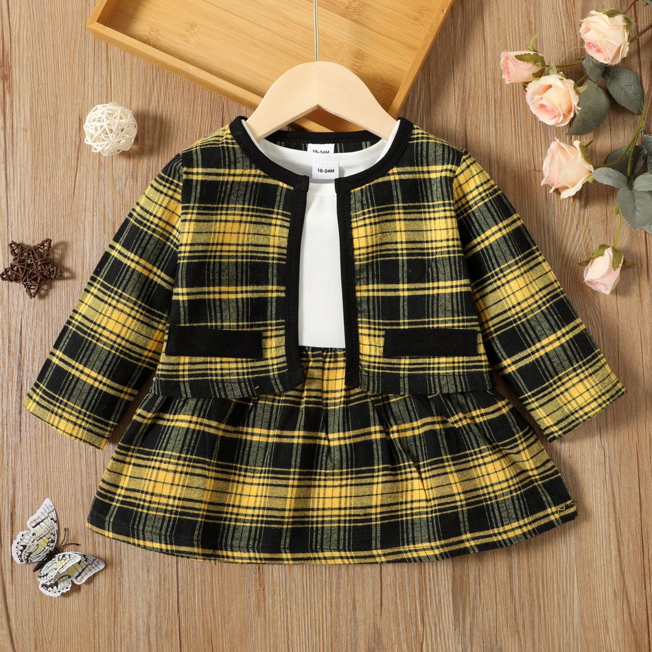 2-piece Toddler Girl Plaid Splice Long-sleeve Dress and Cardigan Set Color block