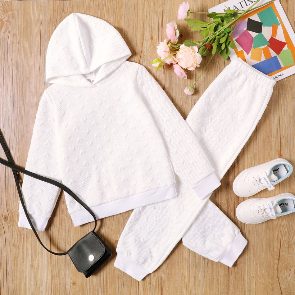2-piece Kid Girl Heart Textured Solid Color Hoodie Sweatshirt and Pants Set White