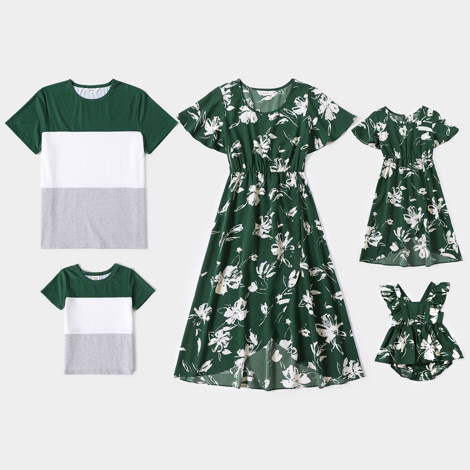 Family Matching Floral Print Green Short-sleeve Tulip Hem Dresses and Colorblock T-shirts Sets greenwhite