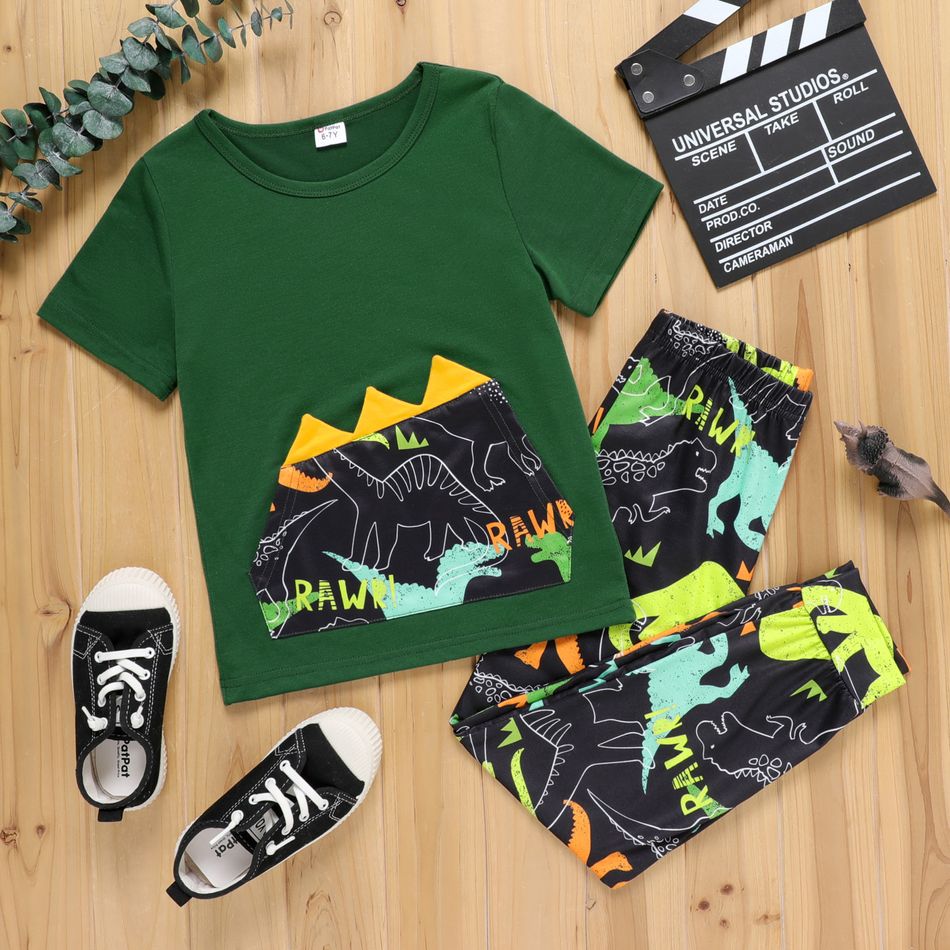2-piece Kid Boy Animal Dinosaur Print Spike Design Short-sleeve Tee and Elasticized Pants Set Green