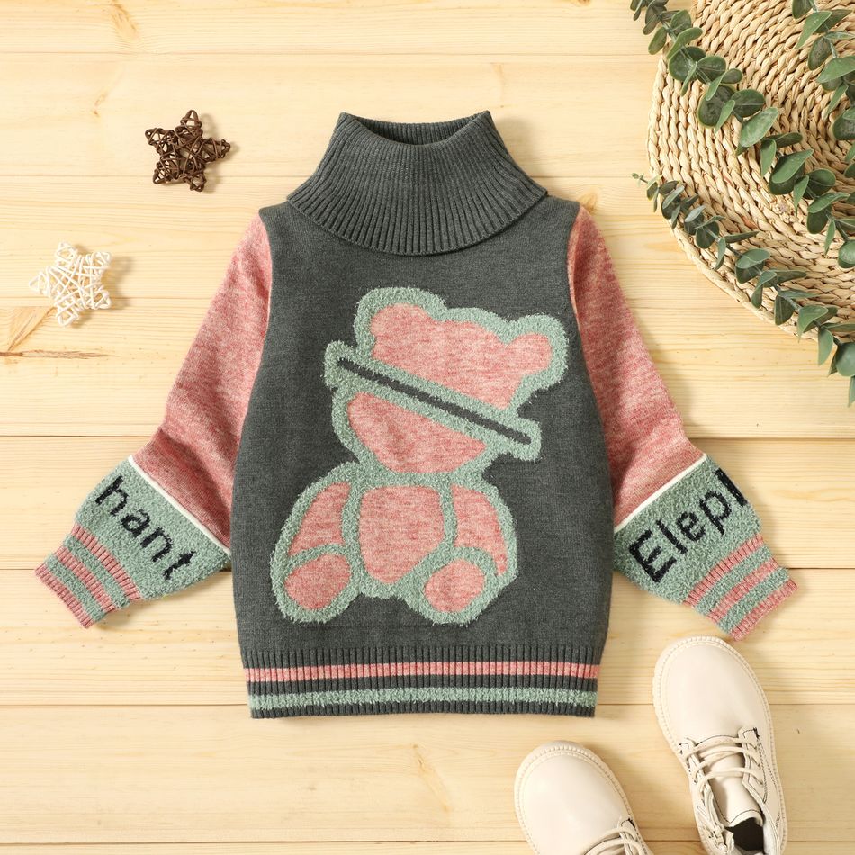 Bear and Letter Print High Collar Color Block Long-sleeve Green or Brown or Coral or Blue Toddler Sweater Top Dark Green