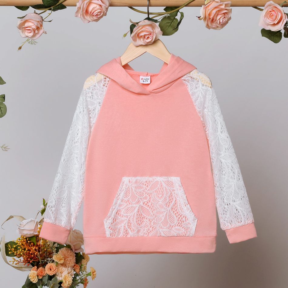 Kid Girl Lace Design Solid Color Raglan Sleeve Hoodie Sweatshirt Pink
