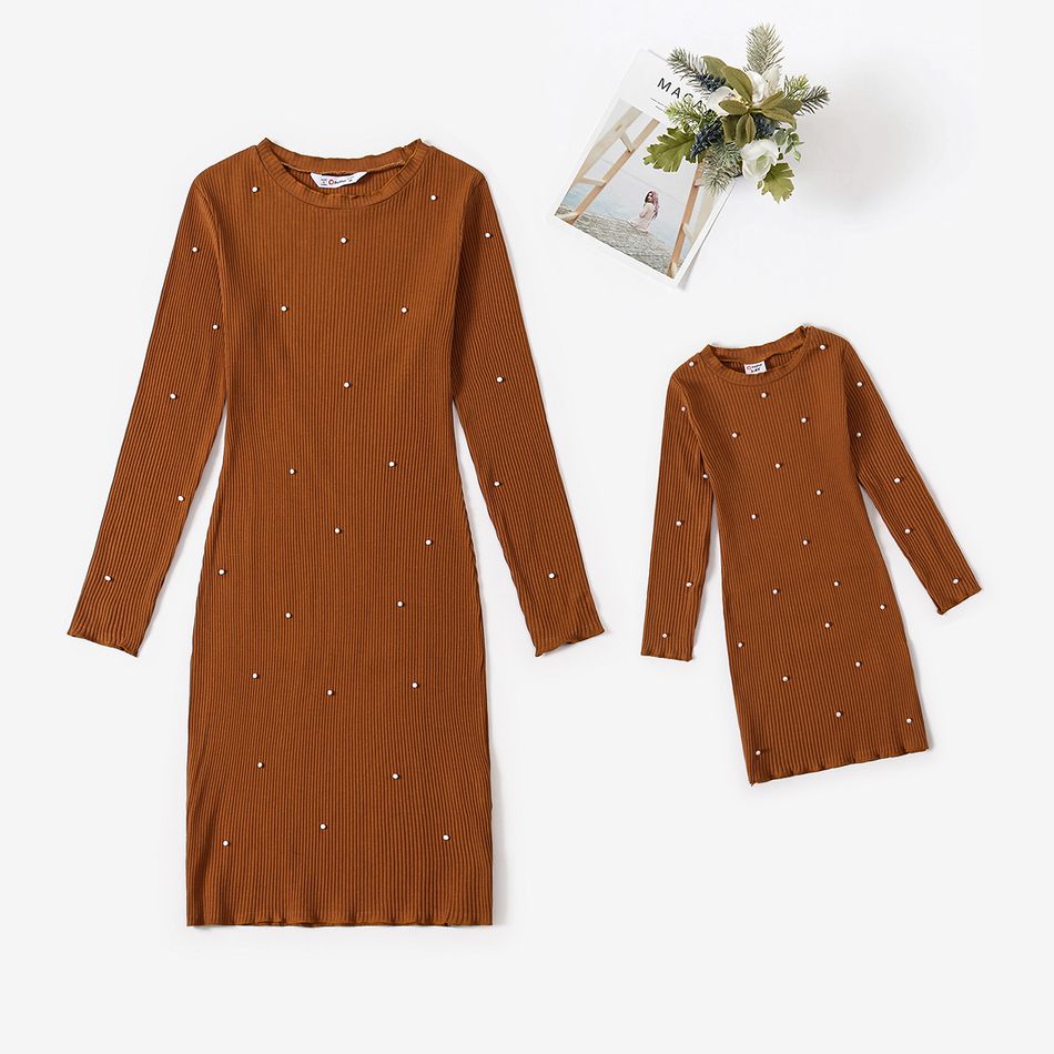 Brown Ribbed Pearl Beaded Long-sleeve Cotton Dress for Mom and Me Brown