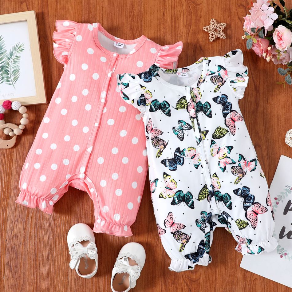 Baby Girl All Over Dots/Butterfly Print Flutter-sleeve Snap Romper Color block big image 6
