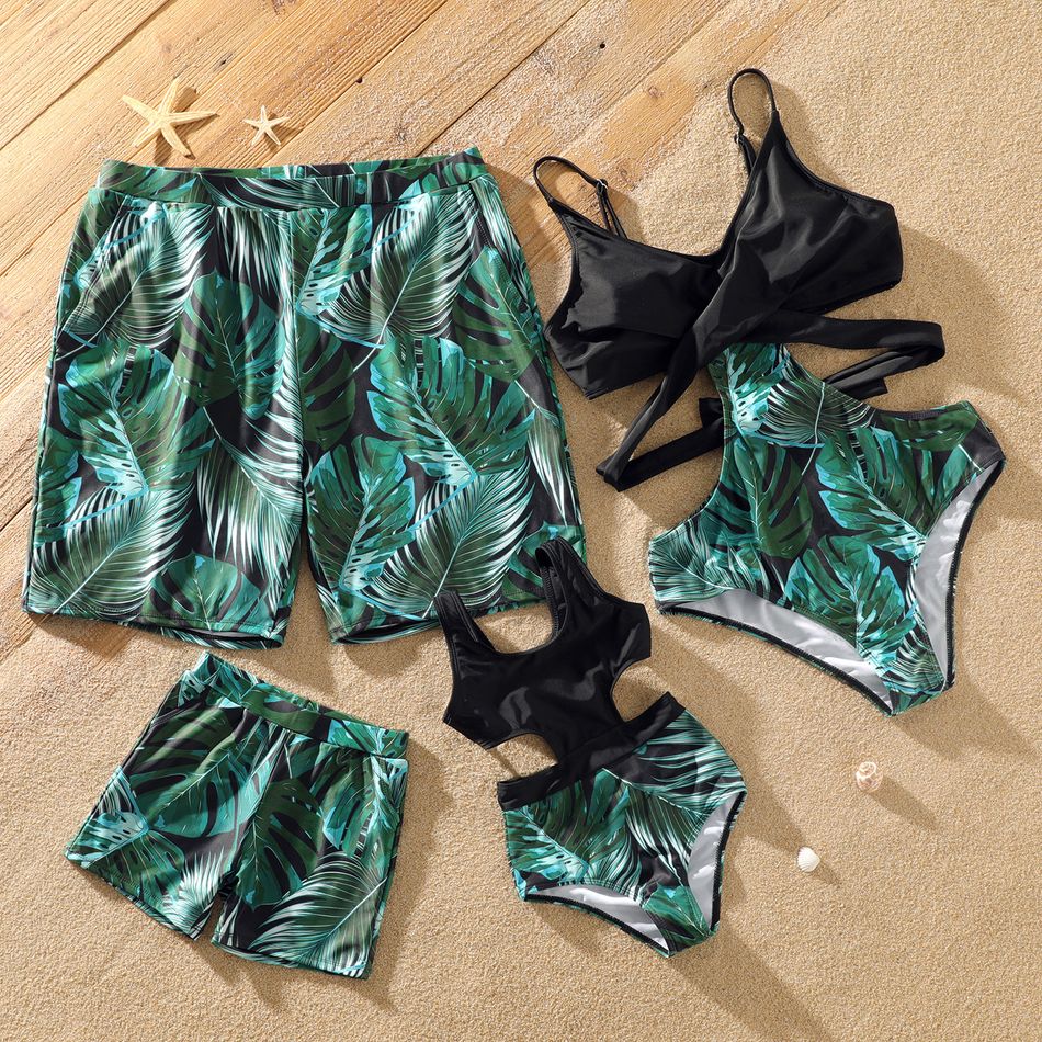 Family Matching All Over Palm Leaf Print Swim Trunks Shorts and Hollow Out One-Piece Swimsuit Black
