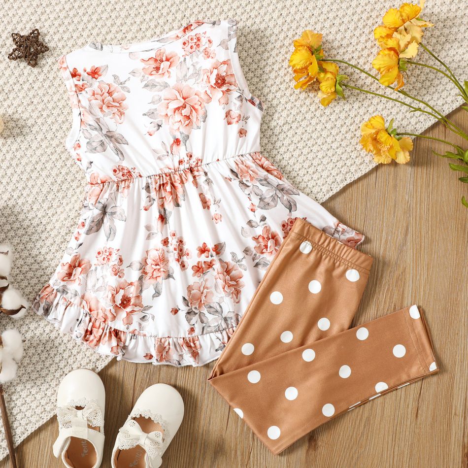 2-piece Toddler Girl Floral Print Bowknot Design Ruffled High Low Sleeveless Tee and Polka dots Pants Set White big image 2