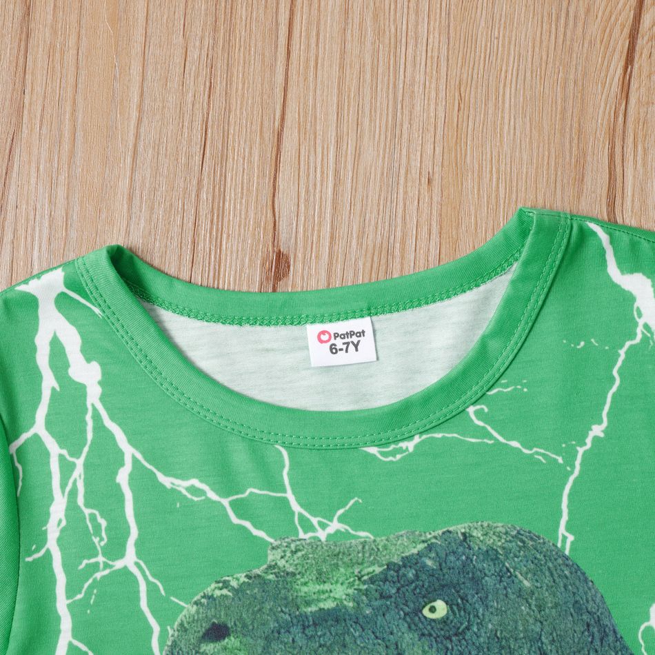 2-piece Kid Boy Animal Dinosaur Print Short-sleeve Tee and Colorblock Shorts Set Green big image 3