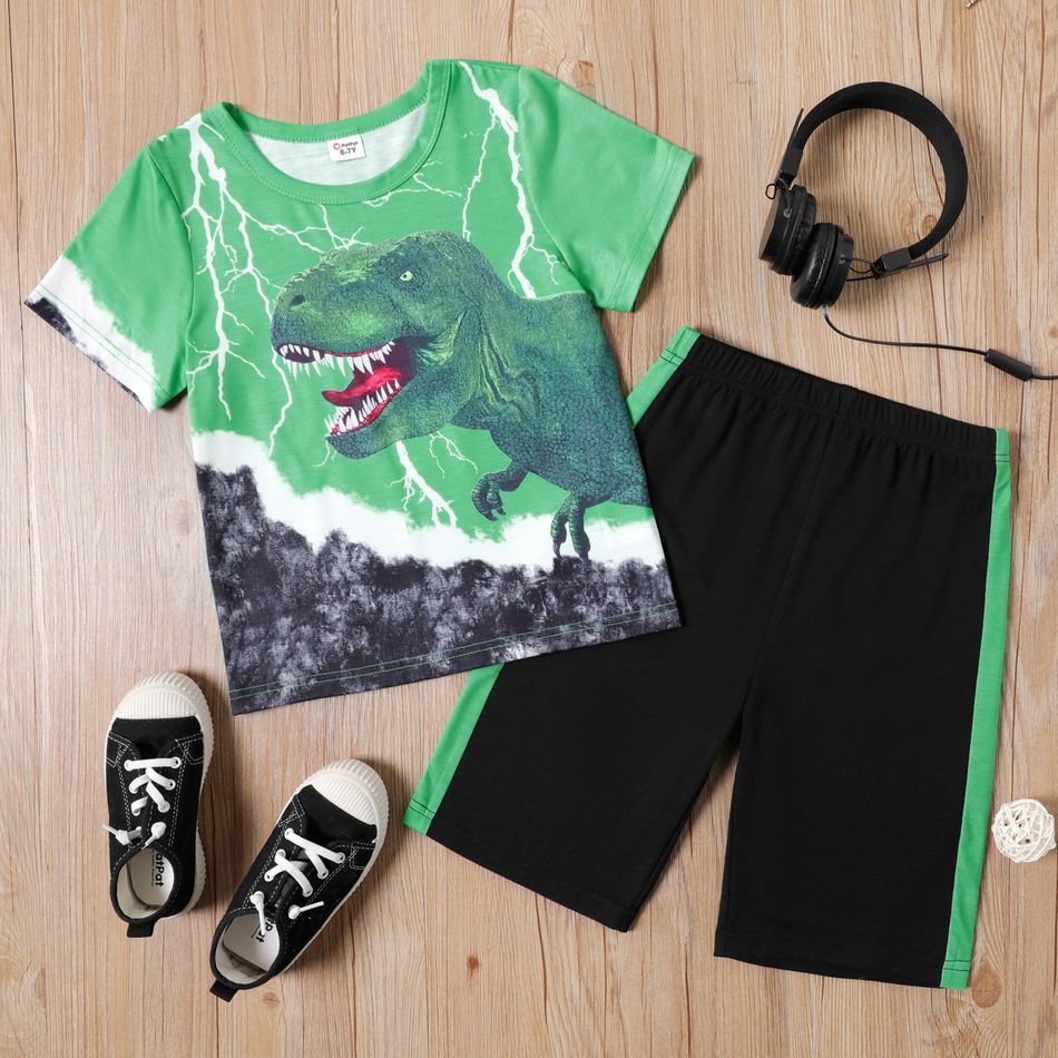 2-piece Kid Boy Animal Dinosaur Print Short-sleeve Tee and Colorblock Shorts Set Green big image 1