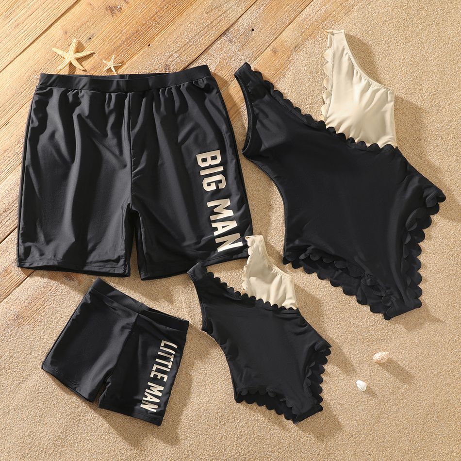 Family Matching Colorblock Letter Print Swimsuit Black