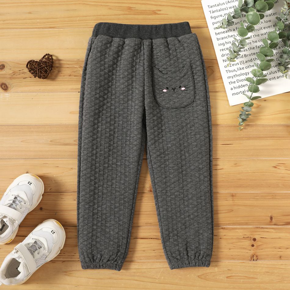 Toddler Girl Cat Embroidered Solid Color Elasticized Pants Dark Grey