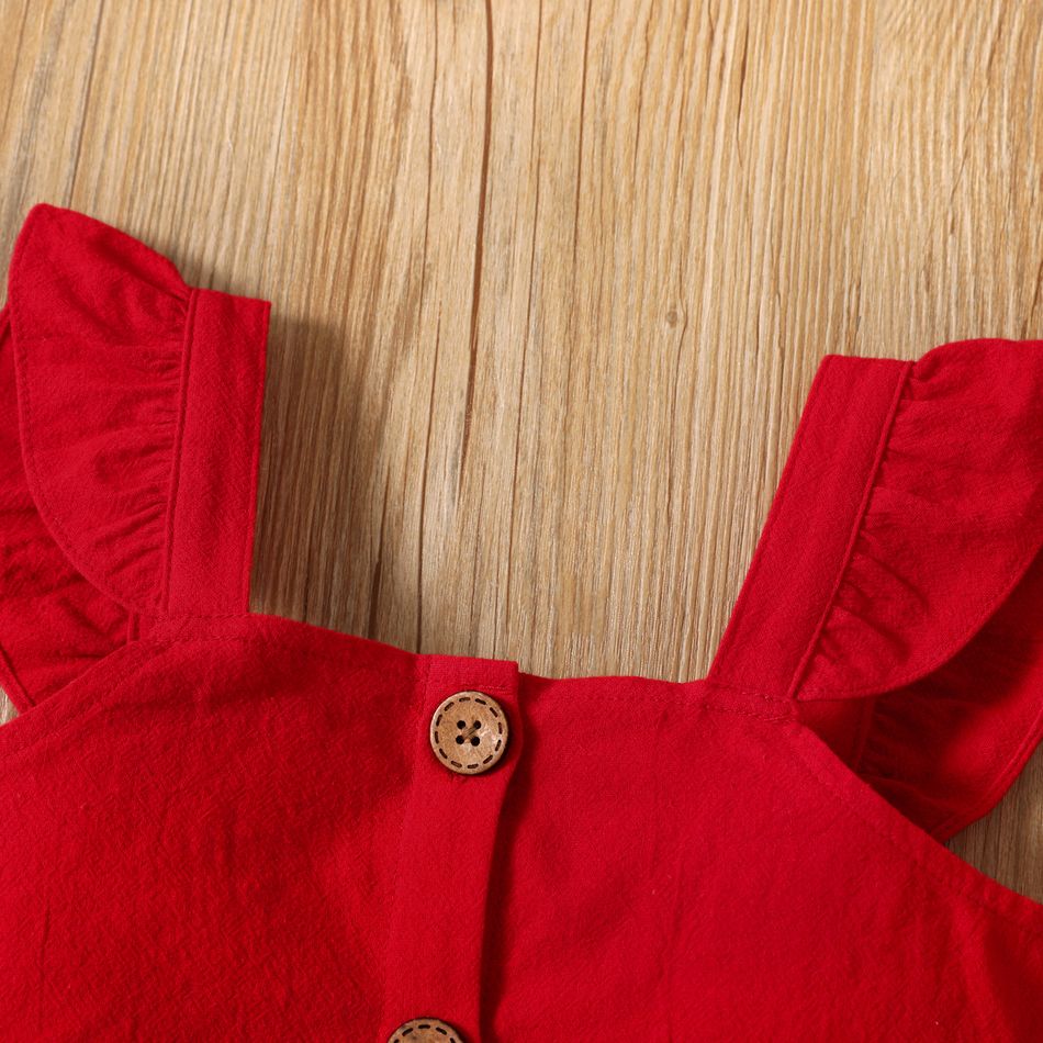 2-قطعة طفلة صغيرة منزعج تصميم زر بروتيل أحمر ومجموعة تنورة ورقية مطبوعة الأزهار أحمر big image 3