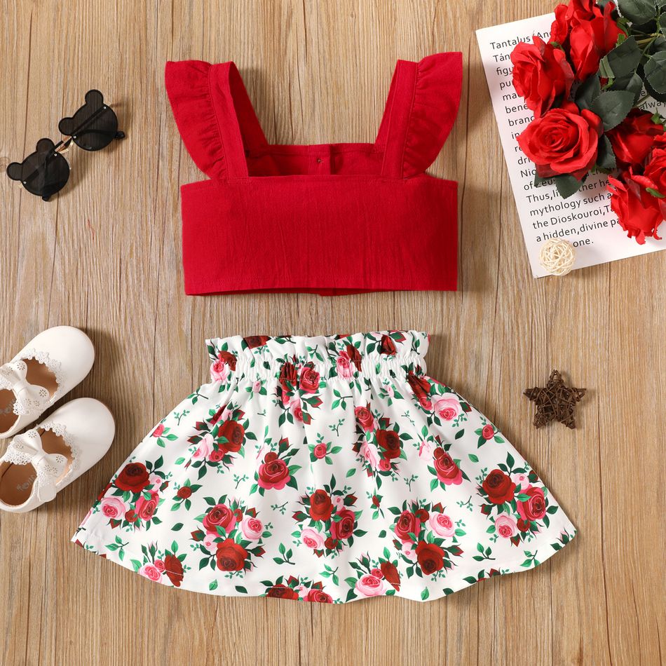 2-piece Toddler Girl Ruffled Button Design Red Camisole and Floral Print Paperbag Skirt Set Red big image 2