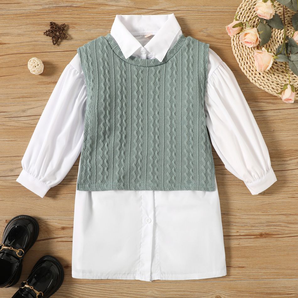2pcs Solid Lapel Collar Long-sleeve White Dress and Jacquard Sleeveless Green or Beige Waistcoat Vest Toddler Set Light Green