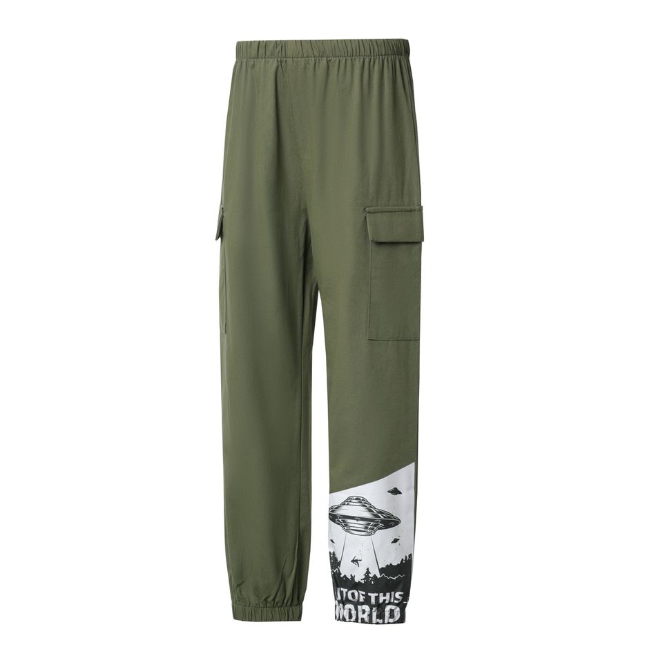Kid Boy Letter UFO Print Pocket Design Elasticized Cargo Pants Army green
