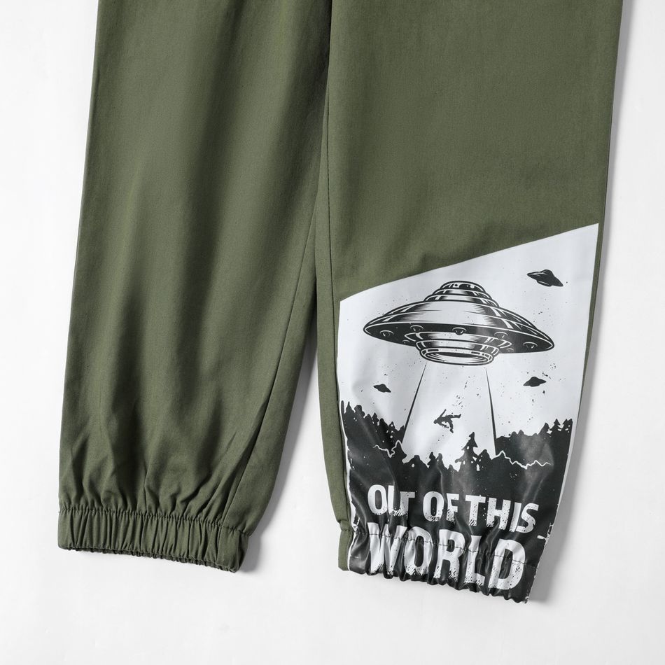 Kid Boy Letter UFO Print Pocket Design Elasticized Cargo Pants Army green big image 5