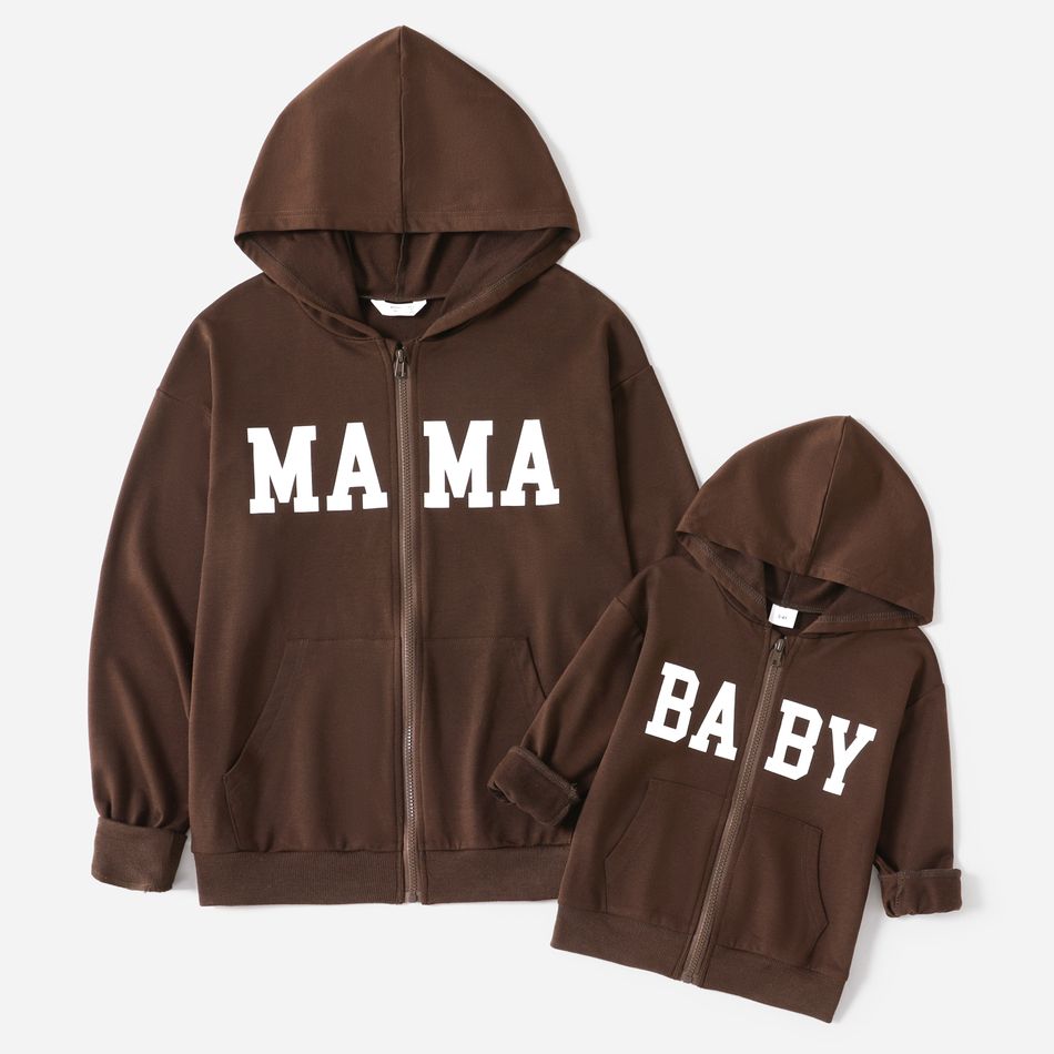 Letter Print Coffee Long-sleeve Zip Hoodies for Mom and Me Coffee