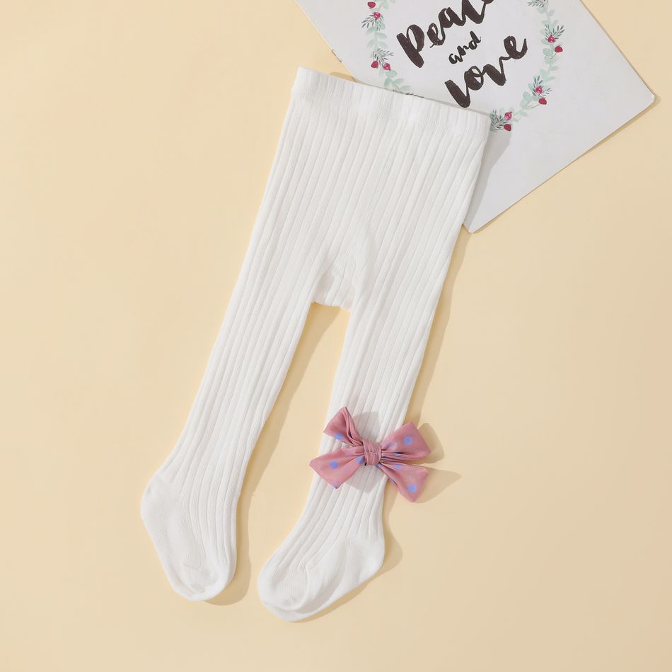 meia-calça com nervuras com nervuras de cor sólida para bebê / criança com decoração de arco de bolinhas para meninas Branco big image 5
