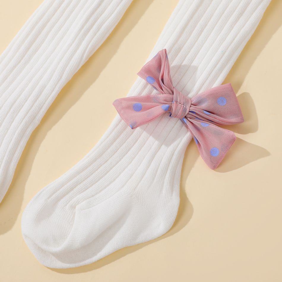 meia-calça com nervuras com nervuras de cor sólida para bebê / criança com decoração de arco de bolinhas para meninas Branco big image 6