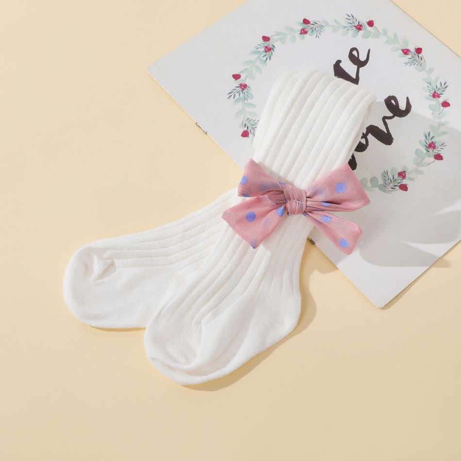 meia-calça com nervuras com nervuras de cor sólida para bebê / criança com decoração de arco de bolinhas para meninas Branco