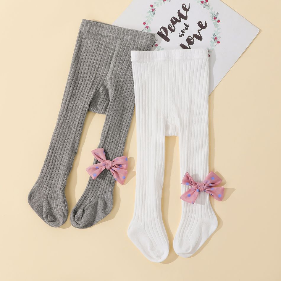 meia-calça com nervuras com nervuras de cor sólida para bebê / criança com decoração de arco de bolinhas para meninas Branco big image 3