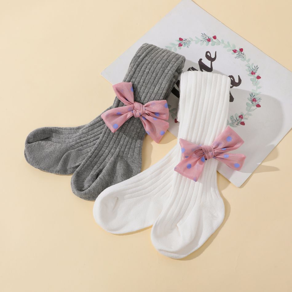 meia-calça com nervuras com nervuras de cor sólida para bebê / criança com decoração de arco de bolinhas para meninas Branco big image 4