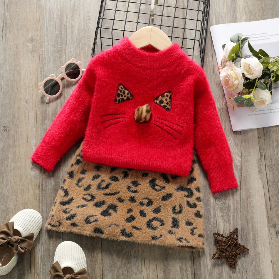 2pcs Kitty Embroidery Pompon Decor Long-sleeve Pink or Beige or Red Toddler Sweater and Leopard Print Brown Skirt Toddler Set Red