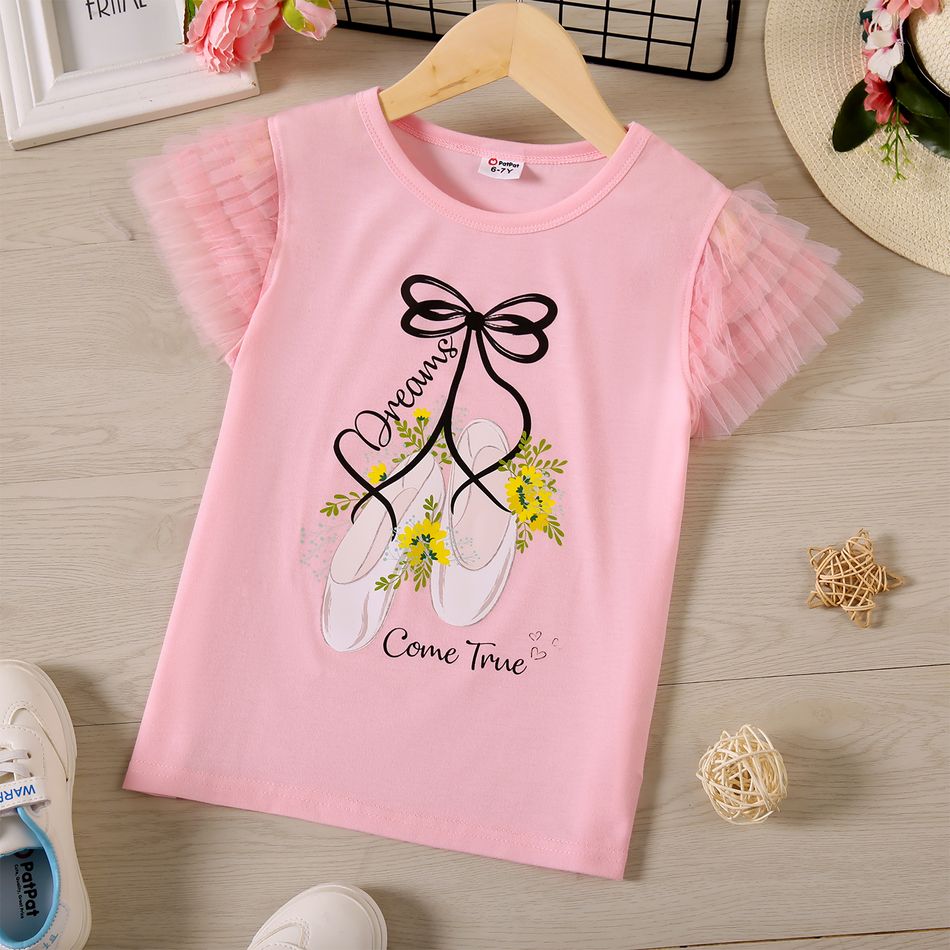 Kid Girl Letter Shoe Floral Print Mesh Flutter-sleeve Tee Pink