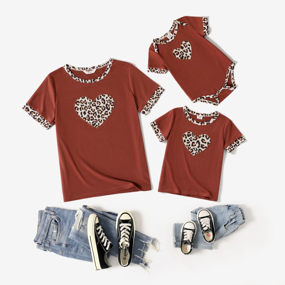 Leopard Love Heart Graphic Brown Short-sleeve T-shirts for Mom and Me Brown