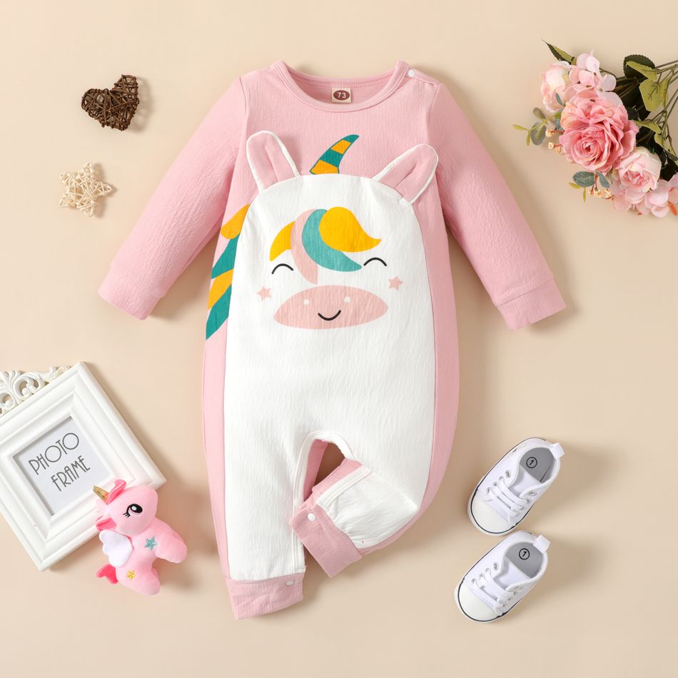 Unicorn Print Long-sleeve Pink Baby Jumpsuit Pink
