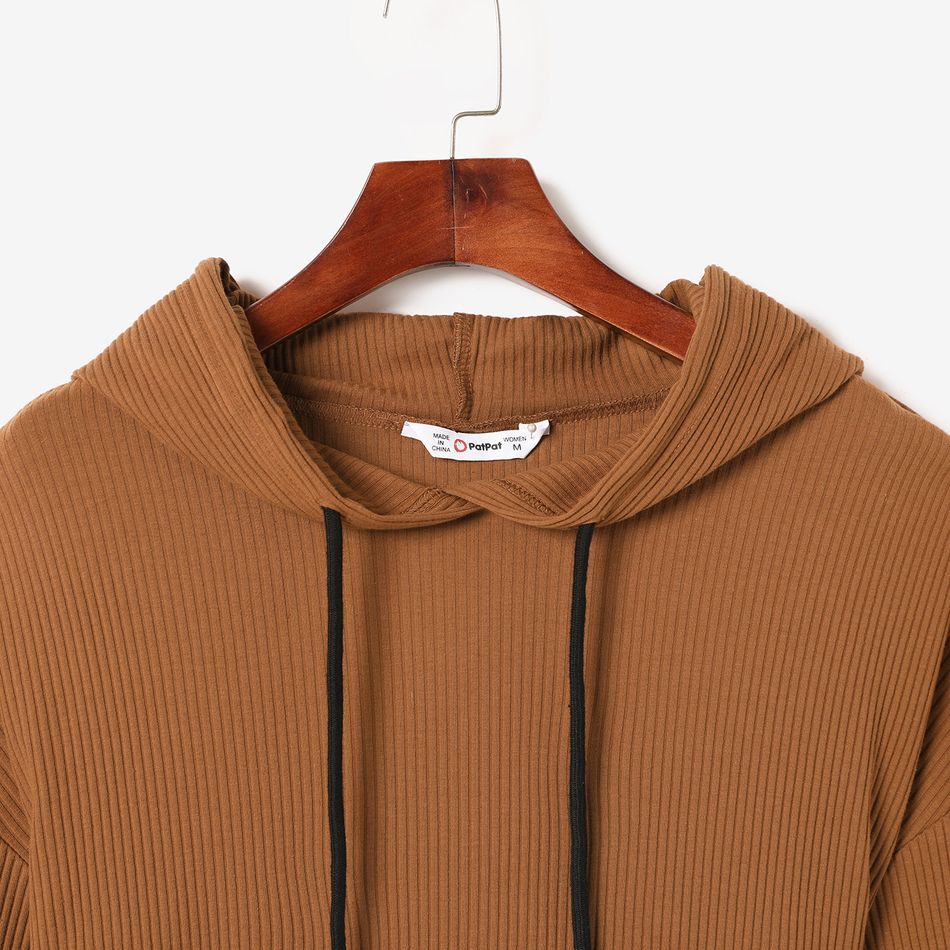 Ribbed Colorblock Long-sleeve Hooded Casual Sweatshirt Dress for Mom and Me Brown big image 6