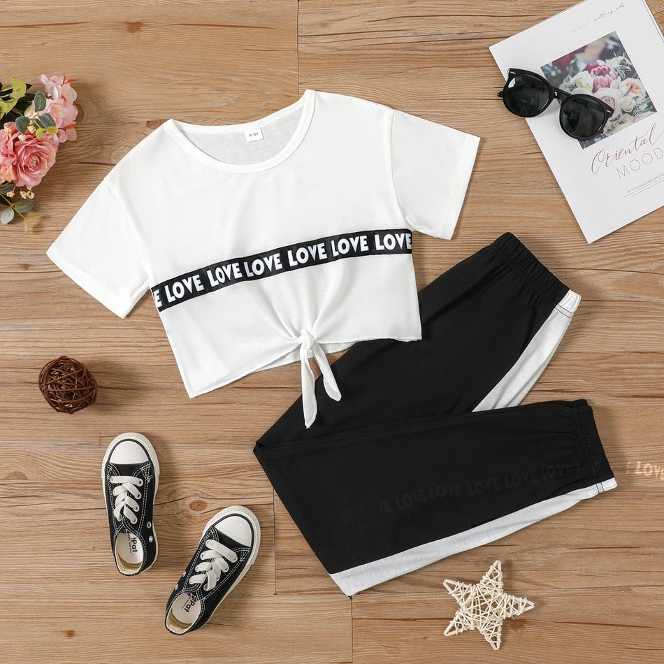 2-piece Kid Girl Letter Print Tie Knot Tee and Colorblock Elasticized Pants Set White