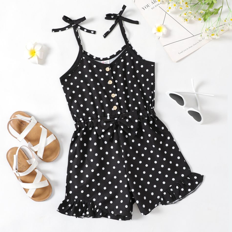 Kid Girl Polka dots Button Bowknot Design Sleeveless Strap Rompers Jumpsuits Shorts Black