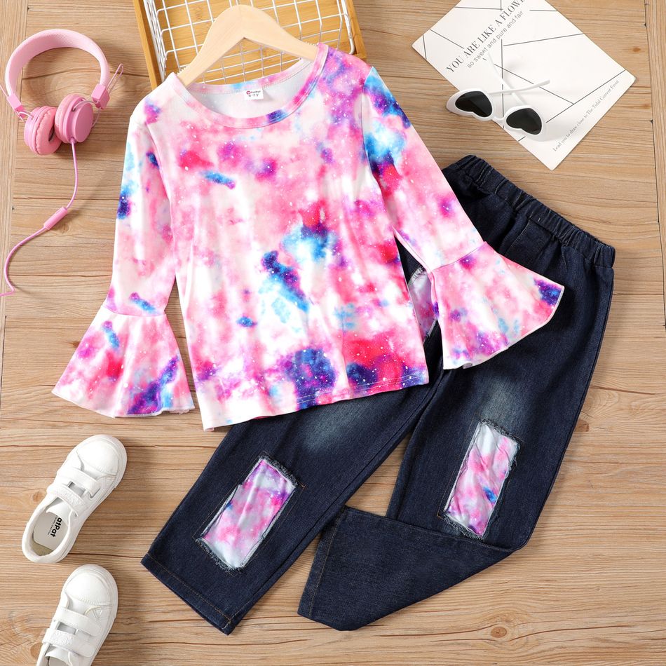 2-piece Kid Girl Tie Dyed Long Bell sleeves Top and Patchwork Denim Jeans Set Multi-color