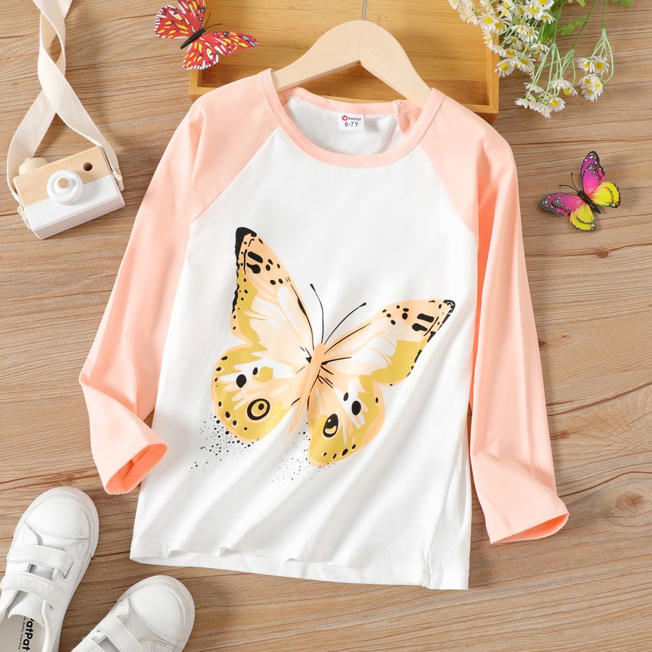 Kid Girl Butterfly Print Colorblock Long Raglan Sleeve Tee White