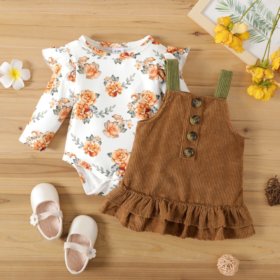 2pcs Baby Girl Floral Print Long-sleeve Romper and Corduroy Layered Ruffled Overall Dress Set Khaki