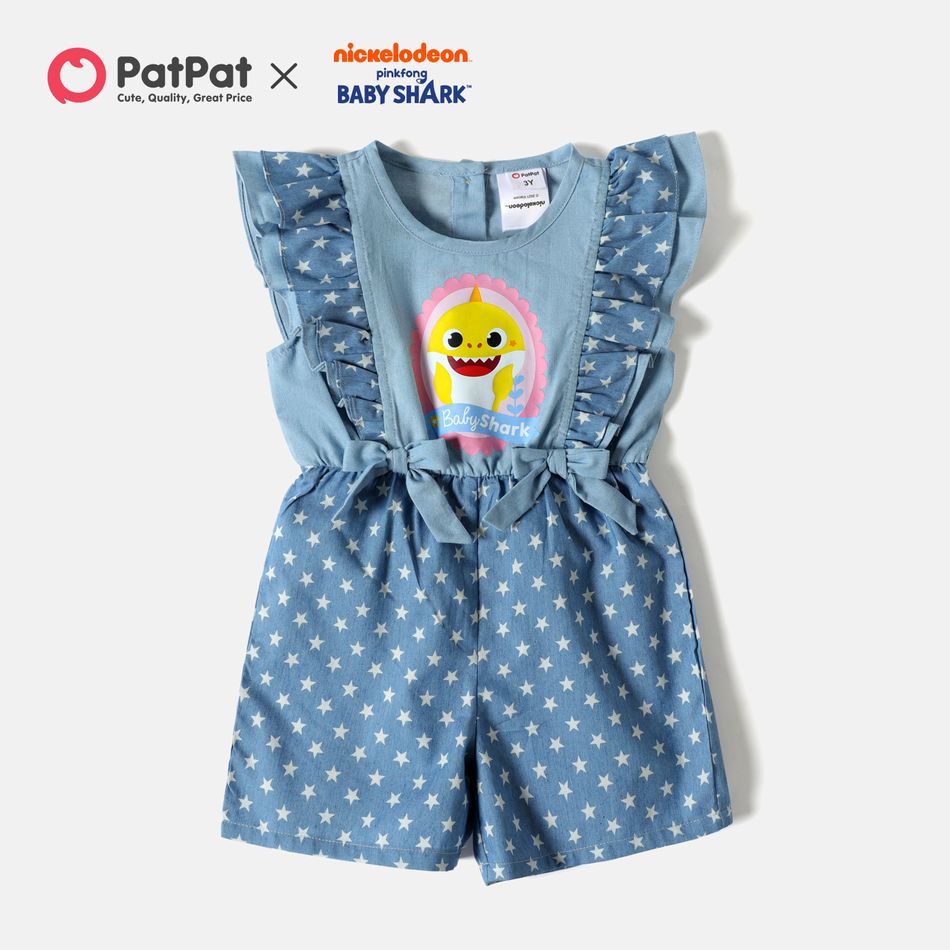 Baby Shark Toddler Girl Stars Print Back Button Ruffled Sleeveless Denim Cotton Romper DENIMBLUE