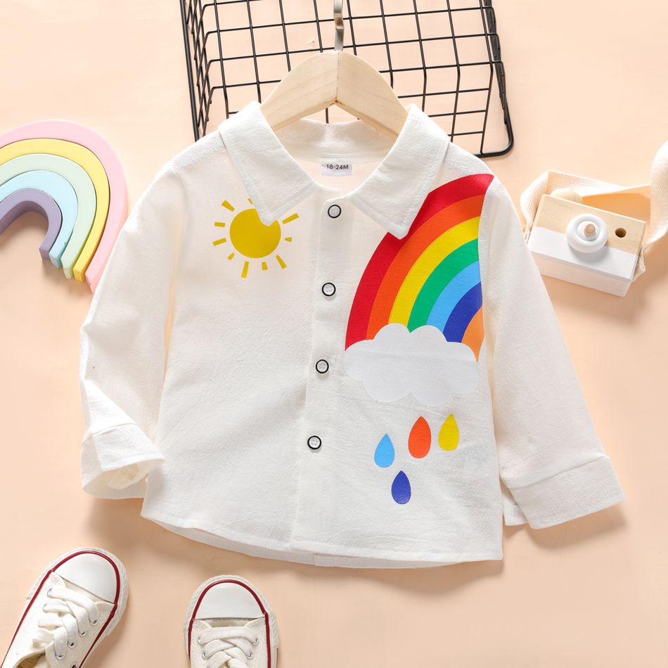 Toddler Boy Rainbow Sun Print Lapel Collar Button Design Long-sleeve Shirt White