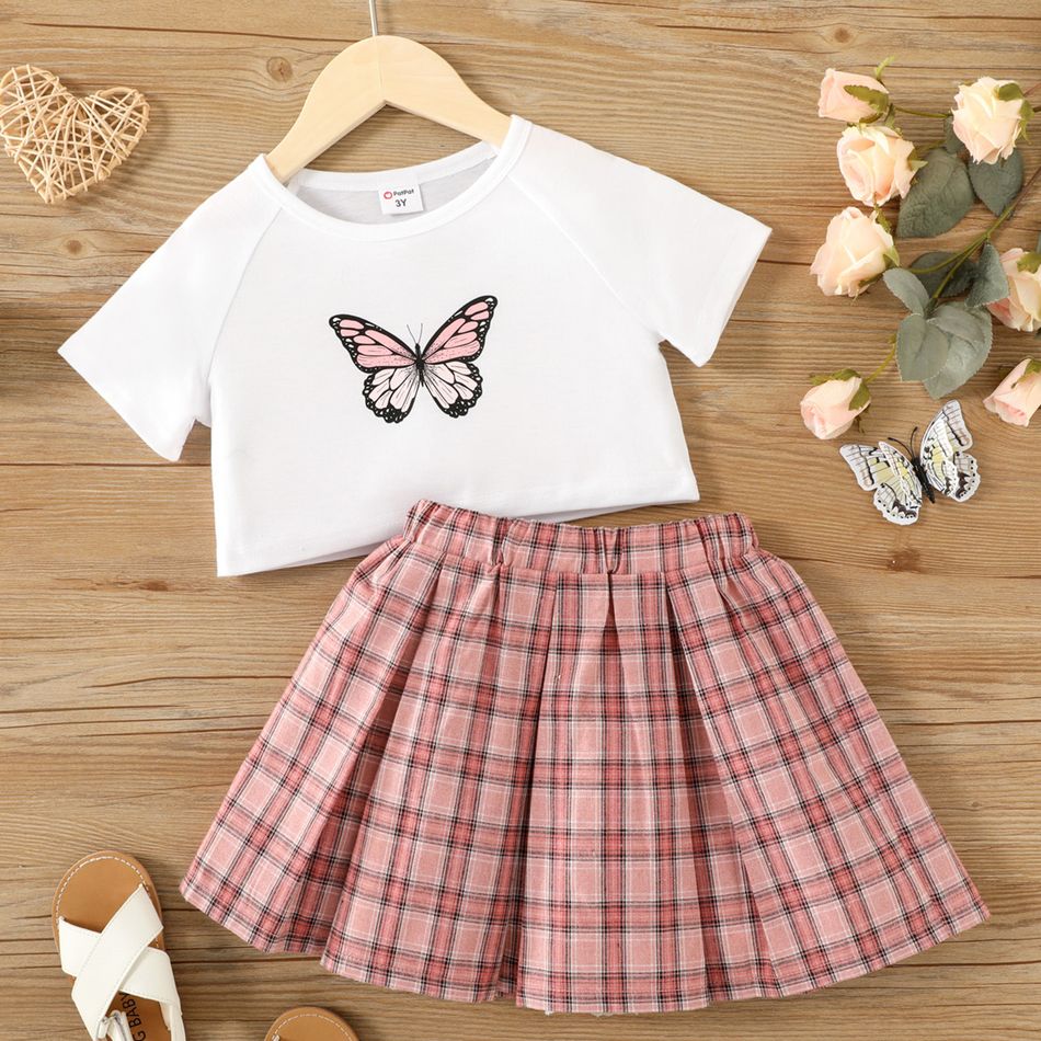 2-piece Toddler Girl Butterfly Print Raglan Sleeve Tee and Pink Plaid Pleated Skirt Set Pink