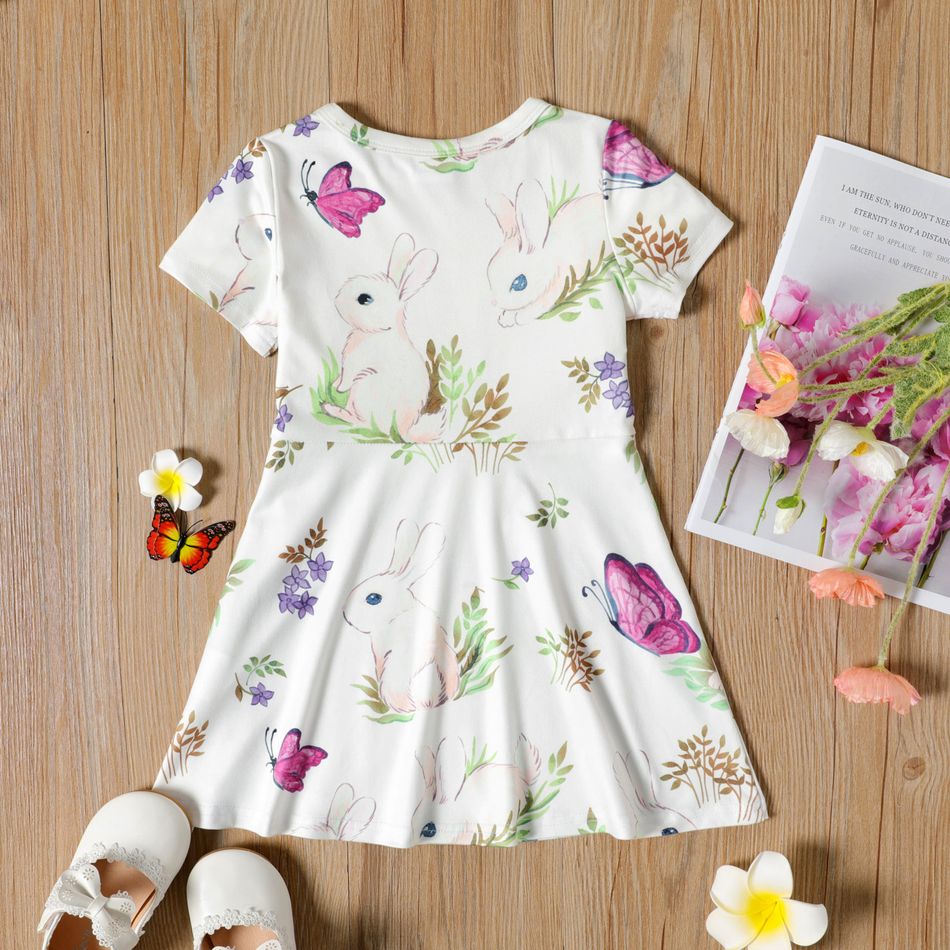 Toddler Girl Rabbit Floral Print Short-sleeve Dress White big image 2