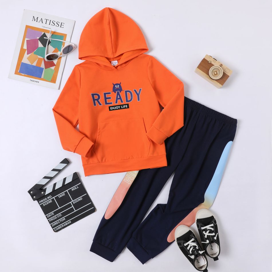 2-piece Kid Boy Letter Print Hoodie Sweatshirt and Colorblock Pants Casual Set Orange red