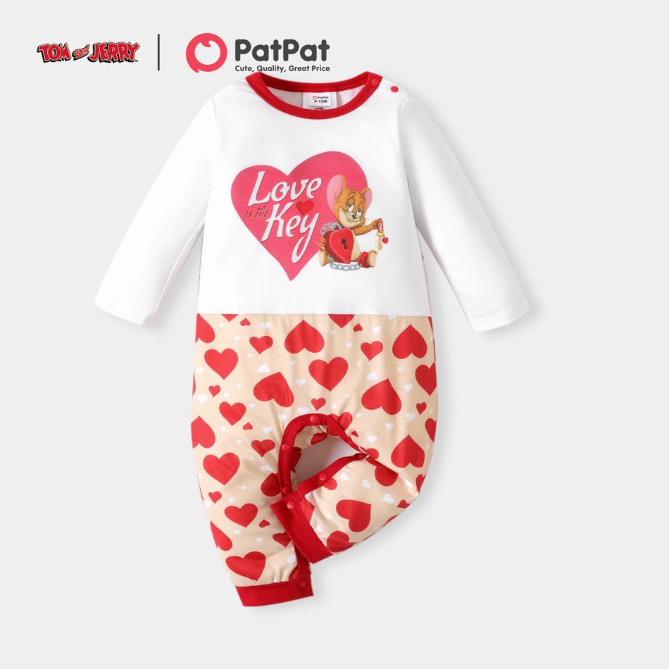 TOM and JERRY Baby Boy/Girl Colorblock Heart Print Jumpsuit White