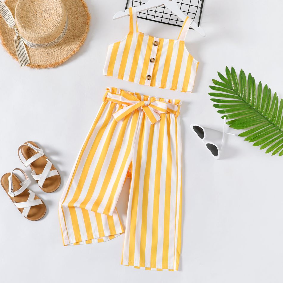 2-piece Kid Girl Stripe Button Design Camisole and Belted Paperbag Capri Pants Set Yellow