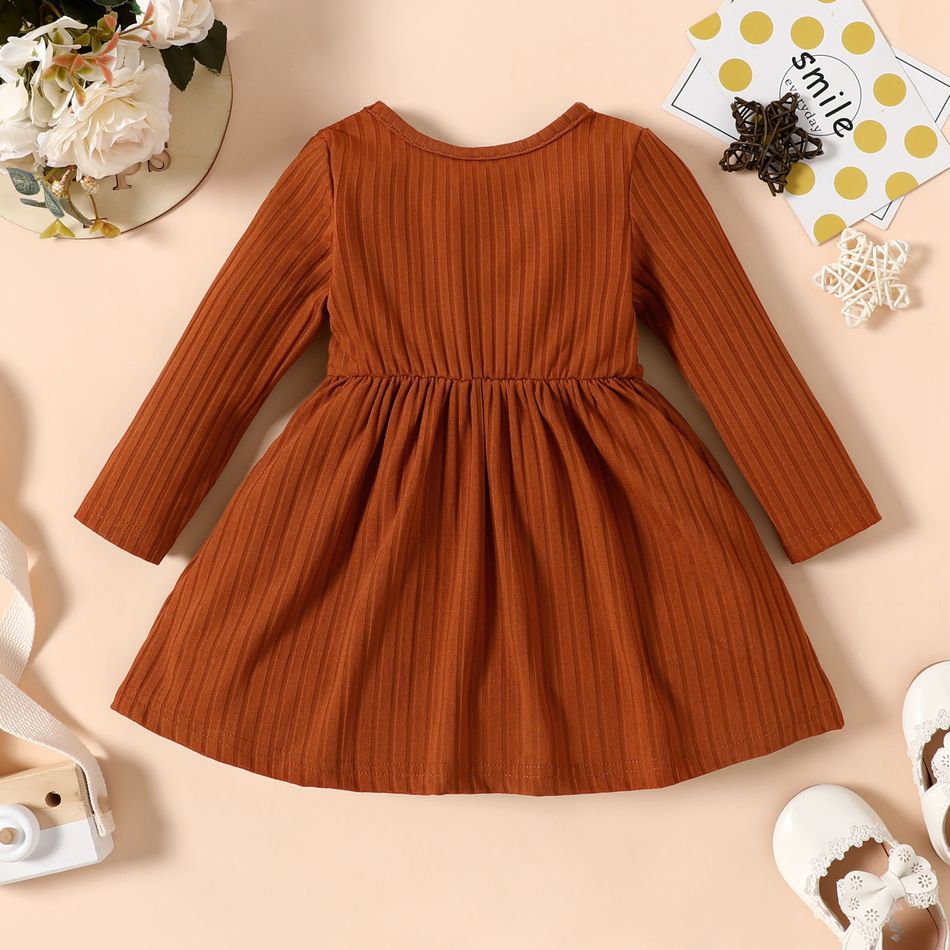 Baby Girl Ribbed Brown/White/Striped Long-sleeve Dress Brown big image 2